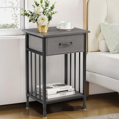 VECELO Nightstands Set of 2, Industrial Side Table/End Tables with Drawer and Storage Shelf, Night Stands for Bedroom, Living Room, Wood Metal Furniture, Easy Assembly