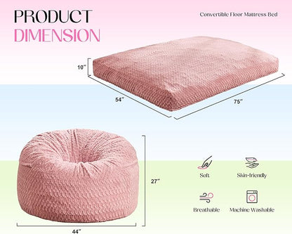 Hobestluk Bean Bag Chair Convertible Beanbag Chairs for Adults, 3 in 1 Bean Bags with Plush Chevron Cover, Adult Bean Bag Chair for Living Room, Bedroom (Pink, Full)