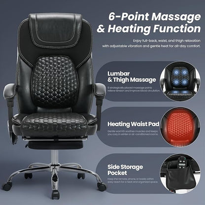 Massage Office Chair with Heat and Footrest –Reclining Desk Chair, Big and Tall Leather Computer Chair with Wheels, PU Executive Office Chair for Home, Gaming, Study, 300 lbs,Black