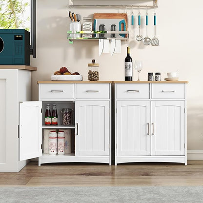 Buffet Cabinet with Storage, Coffee Bar Cabinet 26 x 30 Inches, Oak Top Sideboard Cabinet, Matte White Finish, Anti-Fall Drawers, Arched Doors, Adjustable Shelves