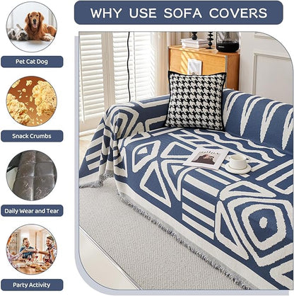 STACYPIK Boho Chenille Blue Sofa Cover L Shaped Couch Cover Reversible Couch Cover for 3 Cushion Couch Non-Silp Furniture Cover for Dogs Cats Sectional Sofa Cover for Loveseat Futon Cover-91X150IN