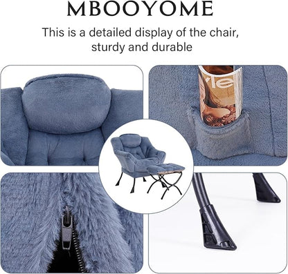 Lazy Chair with Folding Ottoman, Modern Accent Lounge Armchair with Armrests and a Side Pocket & Foldable Footstool, Leisure Reading Chair for Living Room, Bedroom & Dorm, Plush Light Blue