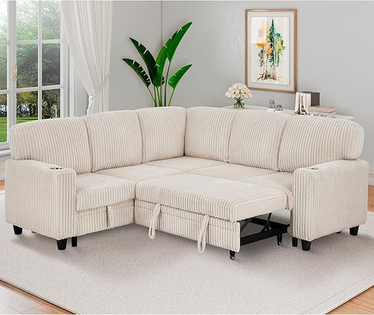 Ball & Cast Modular Sectional Sleeper Sofa Bed,L-Shaped Couch W/Pull Out Bed and USB Charging,Cupholders&Storage Seats,Convertible Sleeper Sofa Beds for Living Room,Apartment,Corduroy Fabric,Beige,81"