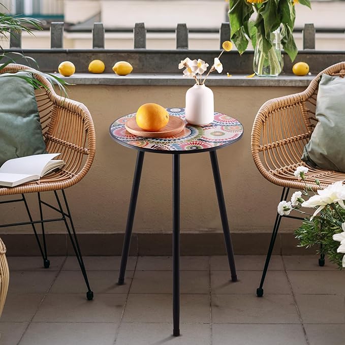1 Pack Metal Mosaic Round Side Table 13.4" Small End Corner Tables for Patio Round Accent Garden Table for Small Spaces for Garden, Balcony, Plant Stand Indoor Outdoor