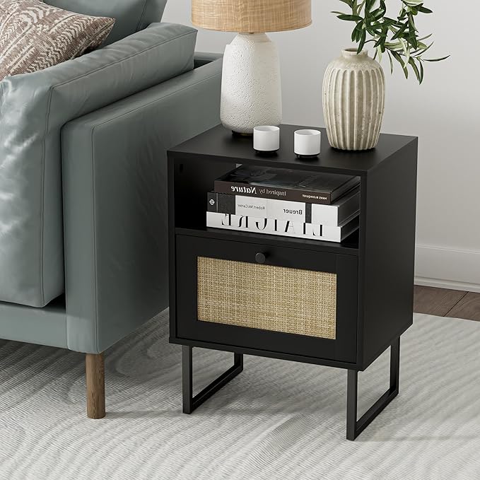 Masupu Rattan Nightstand,Modern Boho Farmhouse Wood Bedside Table with Storage Drawer and Open Shelf,Small Black Frame Side End Table for Bedroom,Living Room,Office (Black)