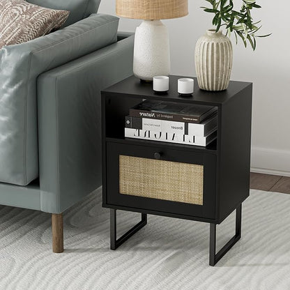 Masupu Rattan Nightstand,Modern Boho Farmhouse Wood Bedside Table with Storage Drawer and Open Shelf,Small Black Frame Side End Table for Bedroom,Living Room,Office (Black)