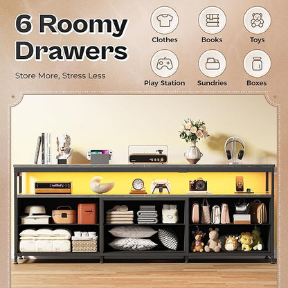 Huuger 63 Inch TV Stand for 55, 65, 70 Inch TV, Long Dresser TV Stand for Bedroom, Charcoal Black LED TV Stand with Power Outlets, Fabric Dresser with Storage, Entertainment Center for Living Room