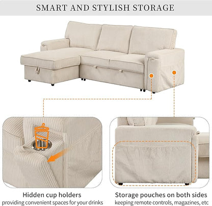 96.1 Inch L-Shaped Convertible Sectional Sleeper Sofa with Pull Out Bed, Storage Bags and 2 Hidden Cup Holders on Arms, Upholstered Corner Couch for Living Room Office Apartment, Beige