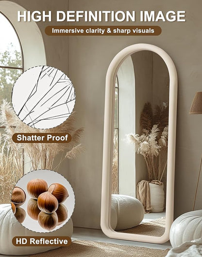 Delma Arched Full Length Mirror, Free Standing Floor Velvet Frame Mirror for Leaning or Hanging, Soft Touch Bedroom & Living Room Decor, Cream White