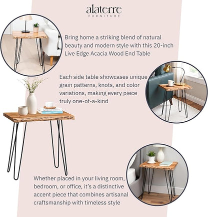 Alaterre Furniture Natural Live Edge End Table - 15” x 20” x 27” Acacia Wood Side Table with Metal Hairpin Legs and Protective Floor Pads - Mid Century Modern Living Room Furniture (Natural)