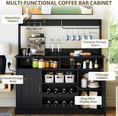 47" Farmhouse Buffet Sideboard Cabinet with Power Outlets Coffee Bar Cabinet with Storage, Large Buffet Storage Cabinet Table with Wine Racks, Goblet Holder, Hooks for Kitchen, Dining Room, Black
