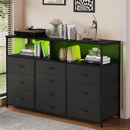 55W 10-Drawers Dresser with 2 Open Storage Shelves, TV Stand Dresser for 55,65 inch TV，with Power Outlets and LED Lights, Fabric Dressers Drawers for Bedroom, Living Room (Black)