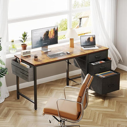 Casaottima 48" Small Computer Home Office Desk for Bedroom with Fabric Drawers & File Cabinet, Cloth Storage Bag and Hook, Writing Study Work Table for Small Space, Vintage
