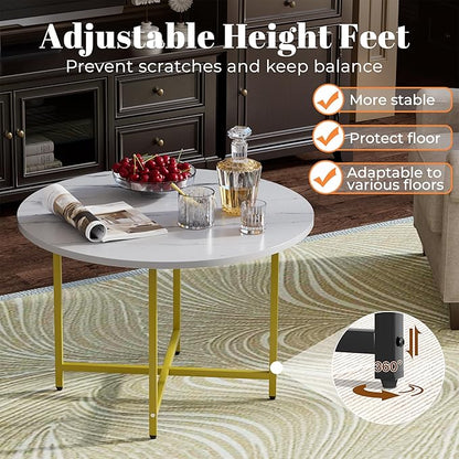 Round Coffee Table, Small Coffee Tables for Living Room, Wood Coffee Table with Metal Frame, Floor Table Desk for Sitting on The Floor, Home, Office, Farmhouse, White & Gold (23.6"D x 17.7"H)