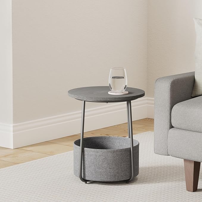 VASAGLE Small Round Side End Table, Modern Nightstand with Fabric Basket, Ebony Black and Slate Gray ULET223B01
