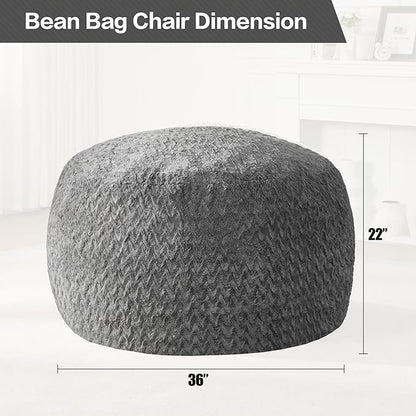 Hobestluk 3ft Bean Bag Chairs for Adults Large Beanbag Chair with Chevron Plush Fur Cover Big Bean Bag Chair for Living Room Bedroom Dorm Office - Grey (36” x 36” x 22”)