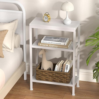 Narrow Side Table for Small Space, 3-Tier Small End Table with Shelf Holder, Slim Nightstand, Skinny Snack Couch Table in Living Room, Bedroom, Study, Kitchen and Balcony (White)