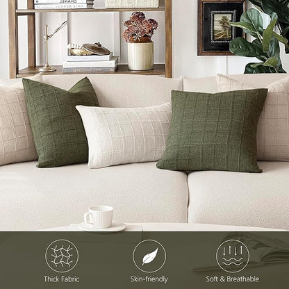 Foindtower Set of 2 Decorative Linen Check Throw Pillow Covers Neutral Farmhouse Vintage Cushion Covers Modern Boho Home Decor for Sofa Chair Couch Bedroom Living Room Outdoor,22×22 Inch,Olive Green