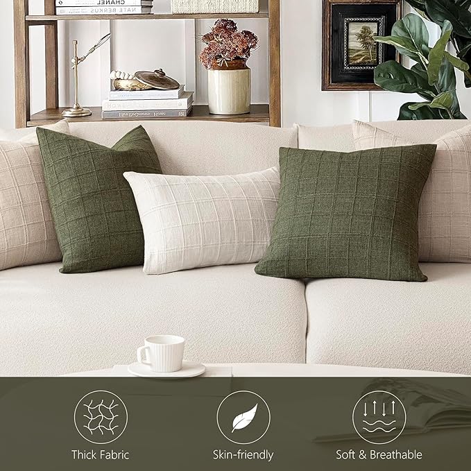 Foindtower Set of 2 Decorative Linen Check Throw Pillow Covers Neutral Farmhouse Vintage Cushion Covers Modern Boho Home Decor for Sofa Chair Couch Bedroom Living Room Outdoor,24×24 Inch,Olive Green