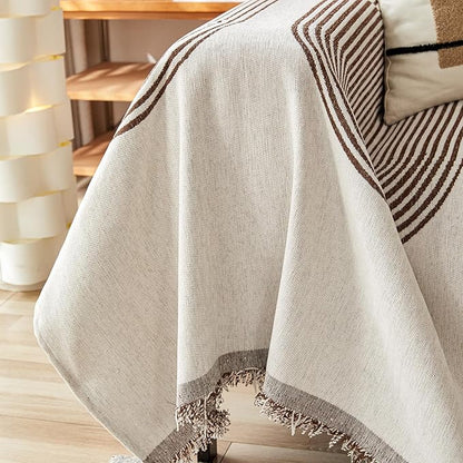 STACYPIK Boho Chenille Couch Cover for Pets, Khaki Striped Sofa Cover for 2 Cushion Couch, Non Slip Furniture Protector, Tassels Geometric L Shaped Couch Cover for Dogs Cat Loveseat Slipcover-71x118IN