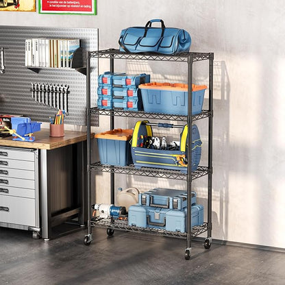 SINGAYE 4 Tier Adjustable Storage Shelf with Wheels Heavy Duty Shelving Unit Rack Shelves Wire for Garage Office Pantry Kitchen 14" Dx36 Wx58 H 1400LBS Black
