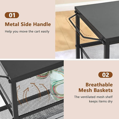 Hoctieon Rolling Storage Cart, 4-Tier Wide Panel Rolling Kitchen Storage Cart, Utility Cart with Handle & Wheels, Mobile Shelving Unit, Metal Frame Narrow Cart for Home Kitchen, Laundry, Black