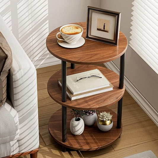 Small Round End Table - 3 Tier Design Accent Table, Narrow Side or Bedside Stand, Industrial Vintage Nightstand for Bedroom, Living Room, or Small Spaces, Rustic Walnut