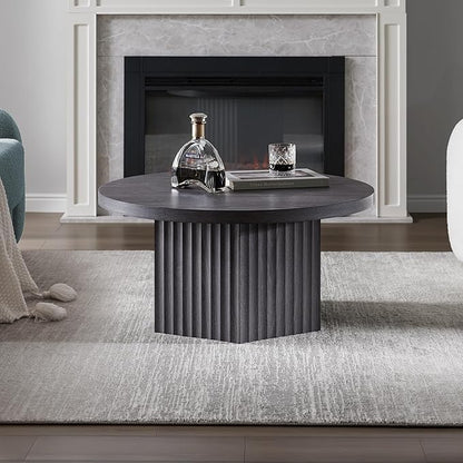 SICOTAS Round Coffee Table for Living Room, Mid Century Modern Fluted Center Coffee Table with Storage, 32" Circle Accent Tea Dining Table for Apartment, Dark Grey Alder