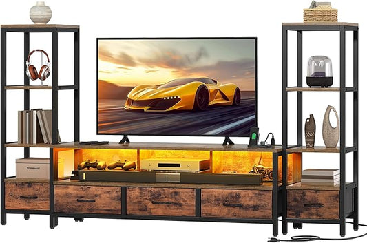 DWVO Entertainment Center with Bookshelves, LED TV Stand for 65/60 inch TV, Retro TV Stand for Living Room with 2 Industrial 4-Tier Bookshelves & Power Outlets,Rustic Brown
