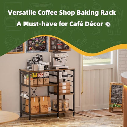 Baker’s Rack, Microwave Oven Stand with Bamboo Frame, 35.43" Coffee Bar with Wire Basket & 6 Hooks, 3-Tier Kitchen Storage Shelf Stand for Kitchen, Living Room, Office, Rustic Brown
