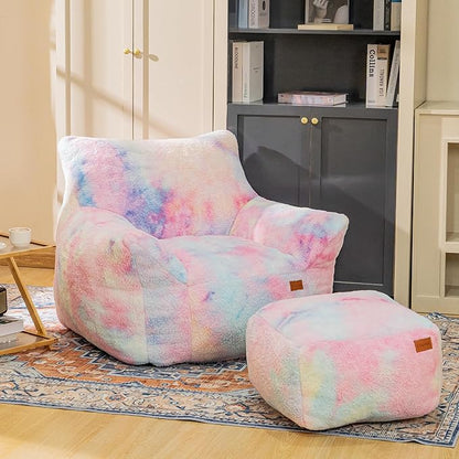 Bean Bag Chair, Sherpa Accent Beanbag Chair and Ottoman Set, Fur Faux BeanBag Chair with Memory Foam Filled, Lazy Sofa Comfy Cozy BeanBag Chair for Dorm, Apartment, Living Room (Colorful)