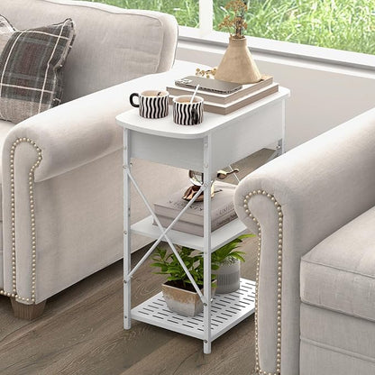 Narrow End Table with Charging Station, Side Tables Set of 2 for Small Spaces, Flip Top End Table with Storage, End Tables Living Room, Nightstand Set 2 with Drawer for Bedroom, White