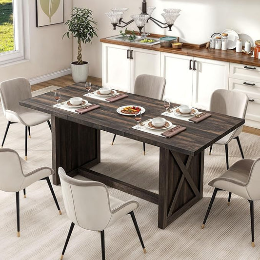 DWVO Farmhouse Large Dining Table for 6-8 People, 70.8 Inch Rectangular Wood Dining Table, Rustic Kitchen Dinner Table with X Solid Legs for Dining Room Grey