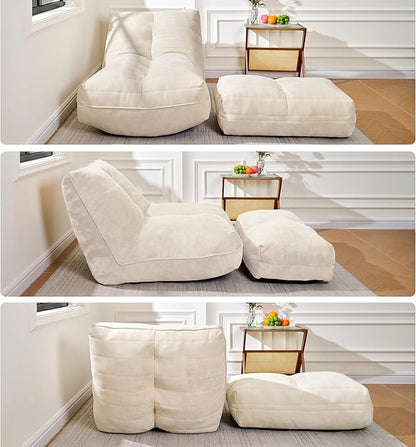 Bean Bag Chair with Ottoman, Comfy Bean Bag Sofa with Memory Foam, Lazy BeanBag Sofa with Footstool, Fireside Bean Bag Couch for Living Room, Bedroom, Apartment (Off White)