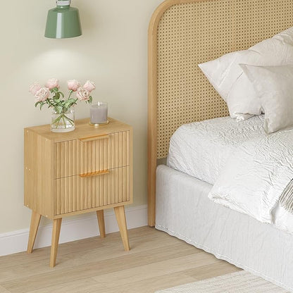 Fluted Nightstand with 2 Drawers,Modern Bedside Table with Metal Handles,White Side Table with Solid Wood Legs,Mid Century End Table for Living Room,Bedroom,Natural CTG55Y
