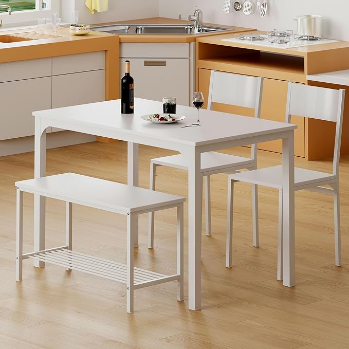 SogesHome 4-Piece Dining Table Set for 4, 43.5'' Space-Saving Kitchen Set with Bench and Chairs, Ideal for Restaurants and Coffee Shops, White