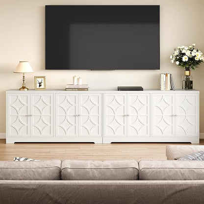 Sideboard Buffet with 4 Doors, Mid-Century Sideboard Cabinet with Adjustable Shelves, Accent Cabinet for Entryway, Living Room, Dining Room, White