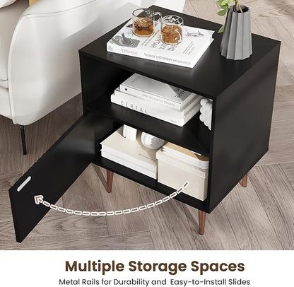 Black Night Stand Set 2,Modern Bedside Table with Door and Open Storage,Fluted Nightstand and Wood End Side Table with Rose Gold Metal Legs and Handles for Bedroom,Living Room,Black