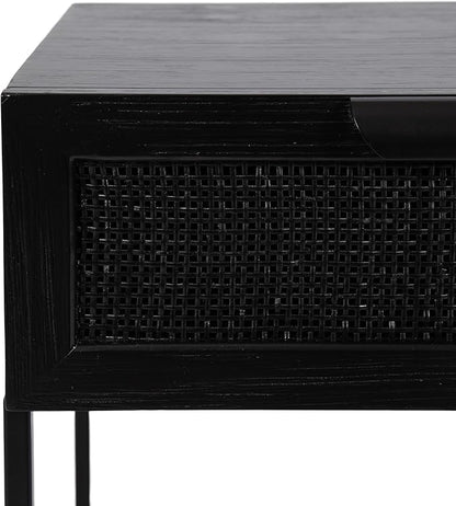 Kate and Laurel Ori Modern Cane Rectangle Side Table, 18 x 15 x 24, Black, Versatile Rattan Living Room End Table with Drawer for Storage and Home Decor