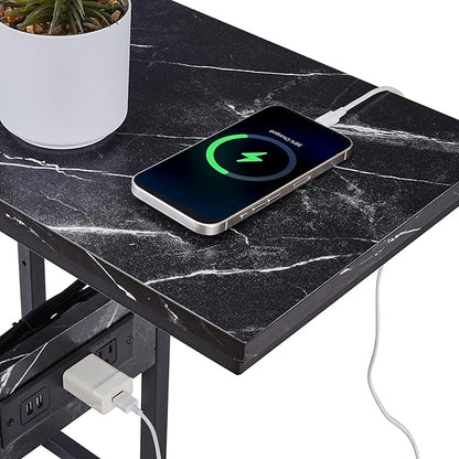 VECELO C Shaped End Side Table with Charging Station & Power Outlets for Couch Sofa/Bed, Snack TV Tray with Metal Frame for Living Room Bedroom 2 Set, Black Marble