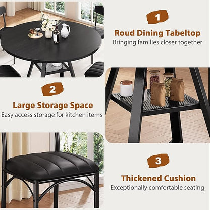 Round Dining Table Set for 4, Kitchen Table and Chairs for 4, Circle Table Round Pedestal Dining Room Dinner Dinette Table Set,5 Piece Space Saving Wood Kitchen & Dining Room Tables (Black, 47In)