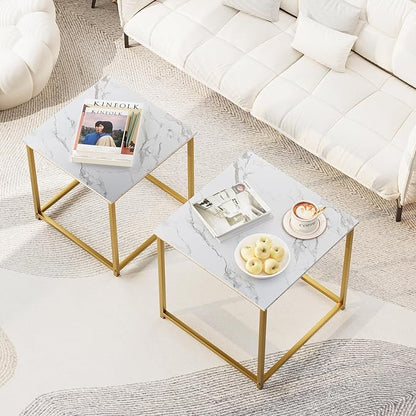Garden 4 you Coffee Table Set of 2, Modern Engineered Wood Nesting Table, Metal Frame Square Center Table Set, Side Tables, Nesting Coffee Table for Living Room, Bedroom and Small Spaces, 19.7in Gold