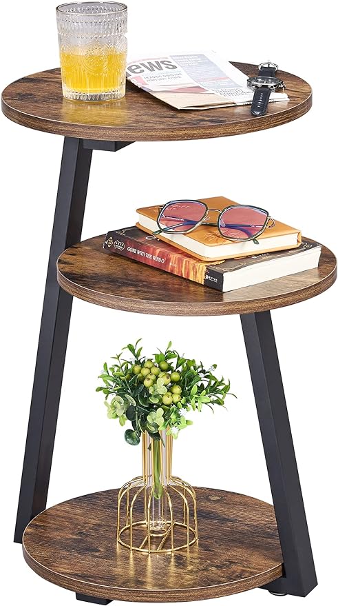 BEWISHOME Round End Table Side Table with Metal Frame, Accent Nightstand Bedside Table with 3-Tier Shelves, Small Couch Coffee Table for Living Room Bedroom Rustic Brown KTZ41Z