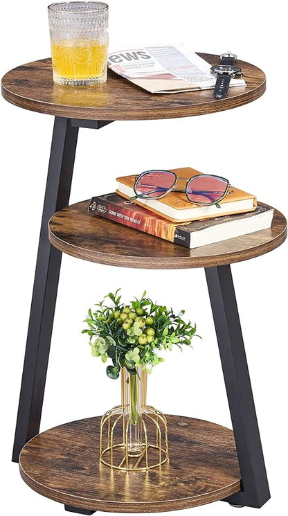 BEWISHOME Round End Table Side Table with Metal Frame, Accent Nightstand Bedside Table with 3-Tier Shelves, Small Couch Coffee Table for Living Room Bedroom Rustic Brown KTZ41Z
