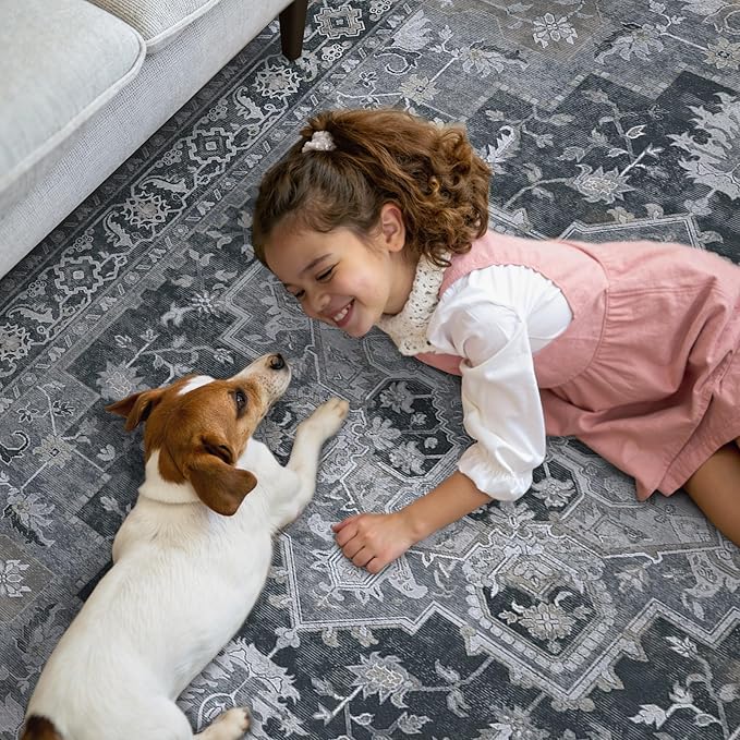 GENIMO 2x10 Runner Rugs for Hallway, Machine Washable Non Slip Vintage Rugs, Low Pile Lightweight Soft Print Rug for enrtyway, Corridor, Home Office, Kitchen,Dark Gray