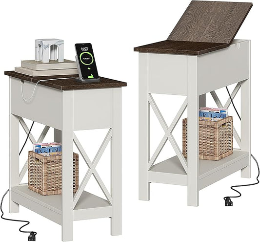 ChooChoo End Table with Charging Station, Narrow Flip Top Side Table with USB Ports & Power Outlets for Small Spaces, Nightstand Sofa Table for Living Room, Bedroom, White and Brown, 2 Pack