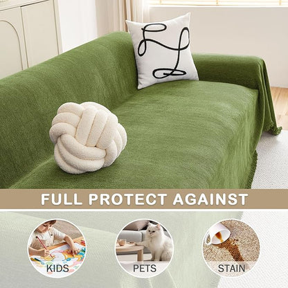 hyha Couch Cover for Dogs, Boho Sofa Covers for 3 Cushion Couch Washable, Chenille Sofa Slipcover for Pets, Soft Loveseat Sectional Couch Throw Blankets with Tassels (Green, 71x118 Inch)