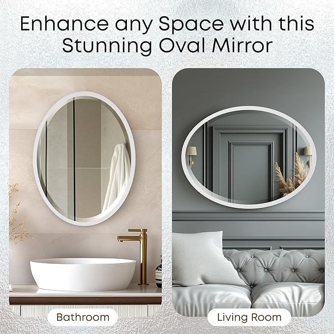 OVALCREST - Oval Wooden Beveled Wall Mirror for Home Decor, Bathroom, Vanity, Bedroom, Living Room, Hallway - London Style (Linen White) 13.1 x 17.1