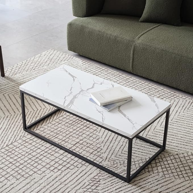 CENSI 40-Inch Marble Accent Coffee Table Ottoman for Living Room, Rectangle, Mid-Century Modern Industrial Style, Extra Thick Top, Wood and Metal (White Marble)