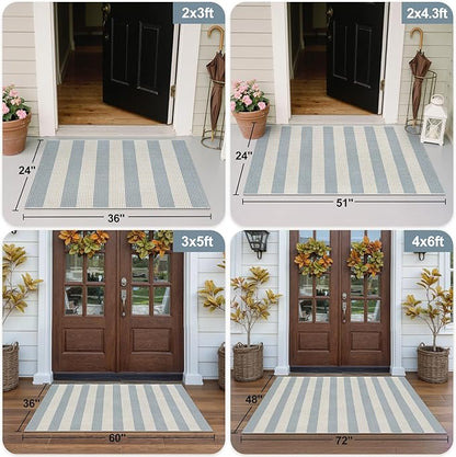 OJIA Washable Area Rugs 4'x6', Striped Outdoor Rug Cotton Woven Entryway Rugs Indoor Patio Rugs Carpet Large Area Rugs for Bedroom/Porch/Deck/Backyard/Camping/Living Room (Blue/White/Tan)